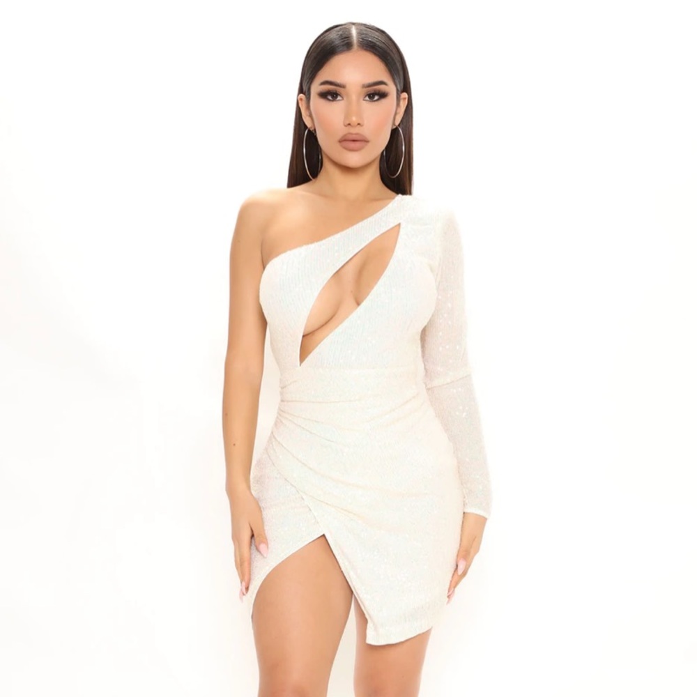 Fashion Nova Good Times Ahead Sequin Mini Dress in Off White